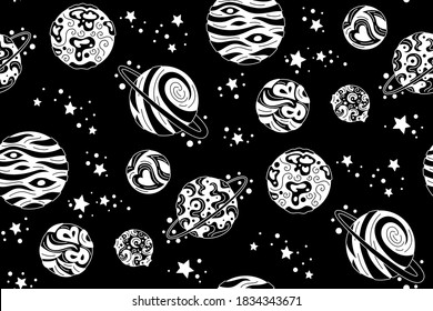 Planets seamless pattern black and white. Doodle solar system, dark background. Astronomical observatory. Mercury venus earth mars jupiter saturn neptun. Astronomy galaxy space. Vector illustration