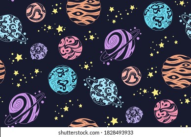 Planets seamless pattern. Colorful doodle solar system, dark background. Astronomical observatory. Moon mercury venus earth mars jupiter saturn neptun. Vector astronomy galaxy space