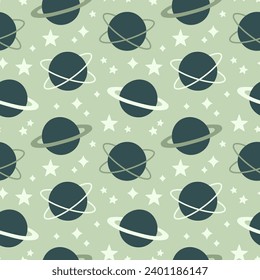 Planets seamless pattern in flat cartoon style for kids education at school, stickers, scrapbooking, nursery room