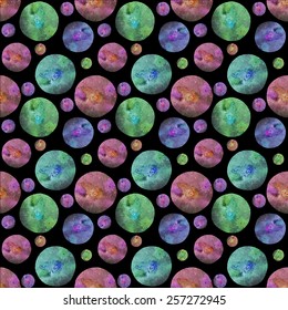Planets. Seamless watercolor pattern with hand drawn universe on the black background, aquarelle.Vector illustration.Hand-drawn original cosmic background. Useful for invitations,scrapbooking, design.