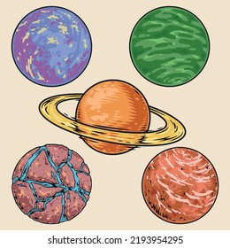 Planets set colorful elements vintage members of solar system planets galaxies Saturn Neptune Pluton mars in universe vector illustration