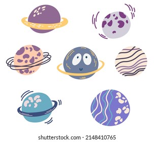 Planets set. Cute cartoon galaxy, space, solar system elements. Isolated design elements for children. Stickers, labels, icons, infographics for kids. Vector Hand draw illustration 