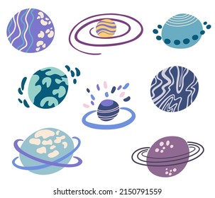 Planets set. Cute cartoon galaxy, space, solar system elements. Isolated design elements for children. Stickers, labels, icons, infographics for kids. Vector Hand draw illustration 