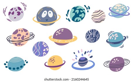 Planets set. Cute cartoon galaxy, space, solar system elements. Isolated design elements for children. Stickers, labels, icons, infographics for kids. Vector Hand draw illustration 
