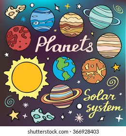 Planets set. Hand-drawn cartoon collection of solar system planets. Doodle drawing. Vector illustration