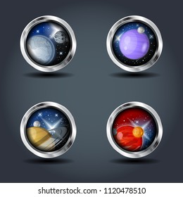 Planets set, steely rounded badge icon. For Ui/Game.