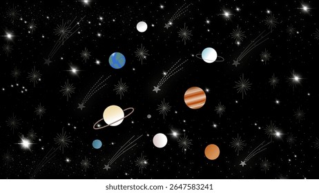 Planets, shooting stars and twinkling lights decorate a black cosmic sky. A magical outer space scene perfect for backgrounds, kids’ projects, astrology, or dreamy galactic designs.