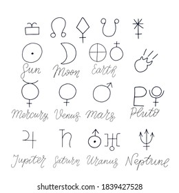 Planets signs. Astronomy Hand drawn doodle celestial, hand lettering names of planet. 