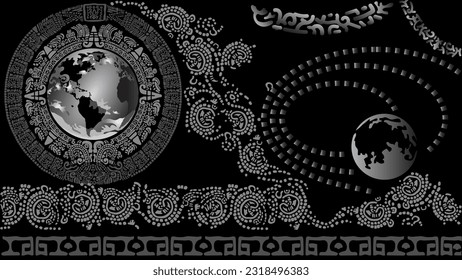 Planets, signs, and letters of ancient peoples. Black and white illustration of the planet earth framed by signs and symbols of the ancient Mayan peoples on a black background. 
