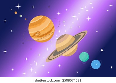 Planeten Größenvergleich auf Galaxy Hintergrund. Wissenschaft für Kinder. Astronomische Vektorgrafik für Schulbedarf, Poster, Druck.