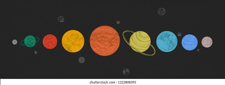 Planets of Solar system arranged in horizontal row against black background. Celestial bodies in outer space. Natural cosmic objects in galaxy. Elegant colorful vector illustration in dotwork style.