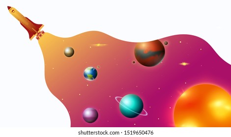 Planets in solar system and astronaut spaceman. Fly on a rocket or in a spaceship. Astronomical galaxy space background. Poster or banner for web site. Cartoon concept.
