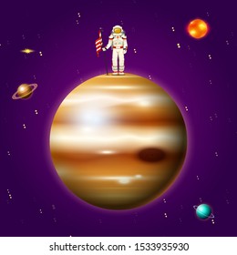 Planets in solar system and astronaut spaceman. Mercury and earth, mars and venus. Astronomical galaxy space background. Poster or banner for web site. Look through the telescope. Cartoon concept.