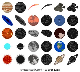 Planets of the solar system cartoon,black icons in set collection for design. Cosmos and astronomy vector symbol stock web illustration.