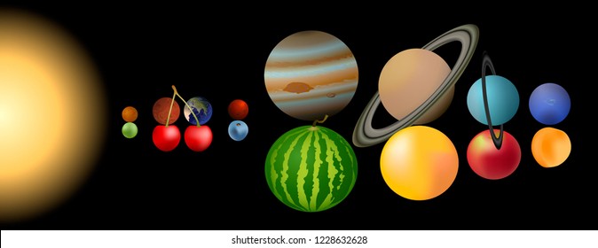 Planets Solar System Comparison Fruits By Stock Vector