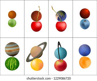 Planets of the solar system. Comparison with fruits by size. Educational card for learning