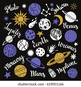 Planets of solar system. Earth, moon, sun, pluto, saturn, venus, jupiter, uranus, mercury, mars, neptune, stars, meteor, comet, asteroid isolated on black background. Handwritten font, lettering