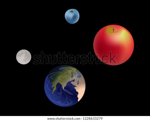 Planets of the solar system. Earth and Moon in\
compare with fruits