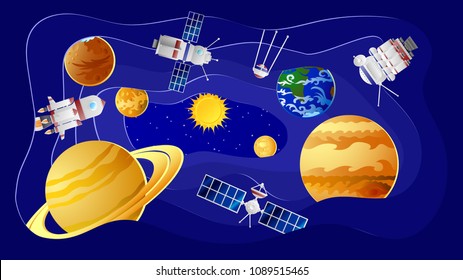 Planets of the solar system and earth satellites in outer space on a plane in any order. Vector space graphics on a plane and paper