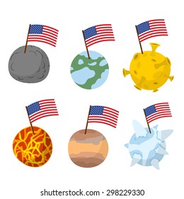 Planets of  solar system with  flag of America. Discoverers of new planet in  space. Vector illustration 