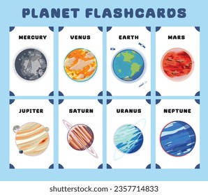 Planets in the solar system flashcards for kids learning about planets, solar system, and space. Vector illustrations of solar system planets with their names. Printable vector file. 