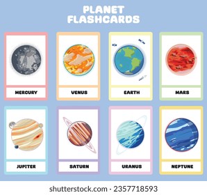 Planets in the solar system flashcards for kids learning about planets, solar system, and space. Vector illustrations of solar system planets with their names. Printable vector file. 
