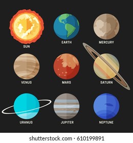 Planets of the solar system in flat style. Vector simple icons of the main known planets.