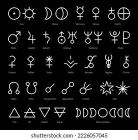 Planetas del sistema Solar, cuatro elementos y nodos lunares. Colección de símbolos ocultos, astrológica antigua. Alquimia, pictogramas de adivinación de wiccan ilustración de vector de contorno