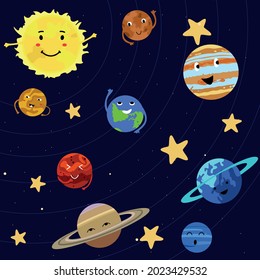 The planets of the solar system gracefully revolve around the Sun in their orbits.  Space galaxy and stars.  Sun, Mercury, Mars, Venus, Earth, Jupiter, Saturn, Uranus, Neptune
