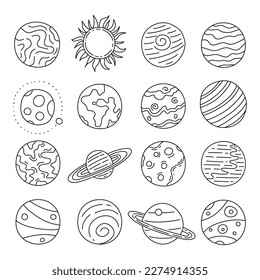 Planetas en el sistema solar. Estilo de diseño de dibujo manual. Ilustración vectorial.