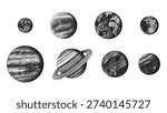 Planets of the Solar system in hand drawn stippling dot work style for science and astronomical usage. education material. Mercury, Venus Earth, Mars, Jupiter and Saturn as well as Neptune and Uranus