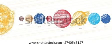 Planets of the Solar system in hand drawn stippling dot work style for science and astronomical usage. education material. Mercury, Venus Earth, Mars, Jupiter and Saturn as well as Neptune and Uranus