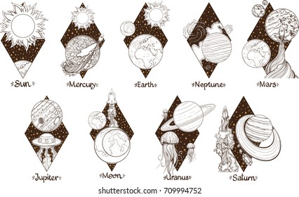 Planets of the solar system illustration. Planets and satellites. Astronomy.