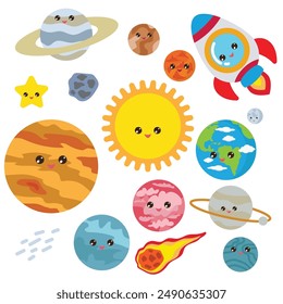 Planets of the solar system for kids vector cartoon illustration