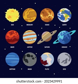 The planets of the solar system are labeled with their names on space posters.  Galaxy, science, space, education.  Mercury, Mars, Venus, Earth, Jupiter, Saturn, Uranus, Neptune