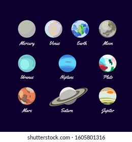 Planets of  solar system: Mars; Earth; Neptune;  Uranus; Saturn; Venus; Mercury; Pluto; Jupiter. Moon. Planet icon set. Cartoon flat drawing. Vector