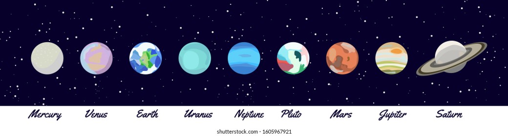 Planets of solar system. Mars, Earth, Neptune, Uranus, Saturn, Venus, Mercury, Pluto, Jupiter. Planet icon set. Cartoon flat drawing. Vector