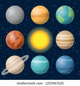 planets of the solar system mercury venus earth mars jupiter saturn uranus neptune sun on space sky star vector.