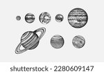 Planets in solar system. Moon and the sun, mercury and earth, mars and venus, jupiter or saturn and pluto. astronomical galaxy space. engraved hand drawn in old sketch, vintage style for label.