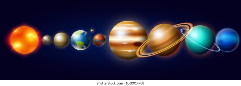Planets in Solar System. Moon and the Sun, Mercury and Earth, Mars and Venus, Jupiter or Saturn and pluto. Astronomical Galaxy Space. vintage style for label.