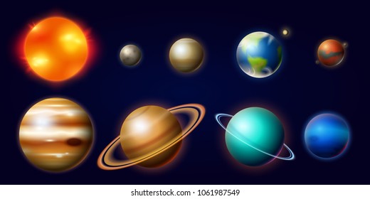 Planets in Solar System. Moon and the Sun, Mercury and Earth, Mars and Venus, Jupiter or Saturn and pluto. Astronomical Galaxy Space. vintage style for label.