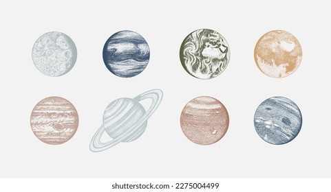 Planetas en el sistema solar. Luna y el sol, mercurio y tierra, pantanos y venus, jupiter o saturn y pluto. espacio de galaxia astronómica. grabado a mano en boceto antiguo, estilo vintage para etiqueta.