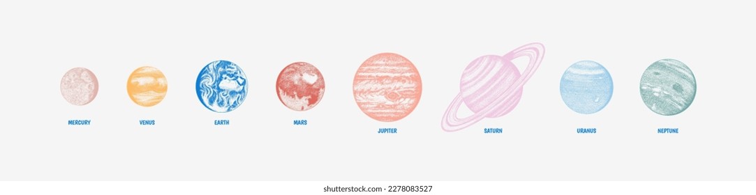 Planetas en el sistema solar. Luna y el sol, mercurio y tierra, pantanos y venus, jupiter o saturn y pluto. espacio de galaxia astronómica. grabado a mano en boceto antiguo, estilo vintage para etiqueta.