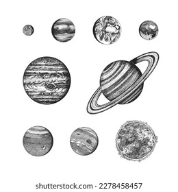 Planets in solar system. Moon and the sun, mercury and earth, mars and venus, jupiter or saturn and pluto. astronomical galaxy space. engraved hand drawn in old sketch, vintage style for label.