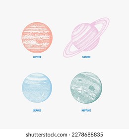 Planets in solar system. Moon and the sun, mercury and earth, mars and venus, jupiter or saturn and pluto. astronomical galaxy space. engraved hand drawn in old sketch, vintage style for label.