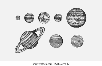 Planets in solar system. Moon and the sun, mercury and earth, mars and venus, jupiter or saturn and pluto. astronomical galaxy space. engraved hand drawn in old sketch, vintage style for label.