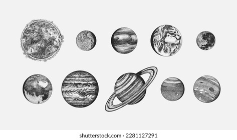 Planets in solar system. Moon and the sun, mercury and earth, mars and venus, jupiter or saturn and pluto. astronomical galaxy space. engraved hand drawn in old sketch, vintage style for label.