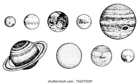 Planets In Solar System. Moon And The Sun, Mercury And Earth, Mars And Venus, Jupiter Or Saturn And Pluto. Astronomical Galaxy Space. Engraved Hand Drawn In Old Sketch, Vintage Style For Label.