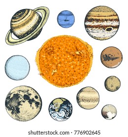planets in solar system. moon and the sun, mercury and earth, mars and venus, jupiter or saturn and pluto. astronomical galaxy space. engraved hand drawn in old sketch, vintage style for label.