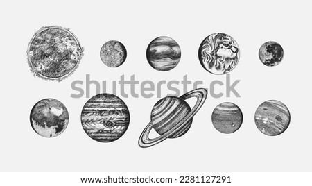Planets in solar system. Moon and the sun, mercury and earth, mars and venus, jupiter or saturn and pluto. astronomical galaxy space. engraved hand drawn in old sketch, vintage style for label. Foto stock © 